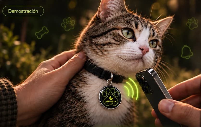 Una persona acompaña a un gato mientras acerca un teléfono a su medallita ARVISIK