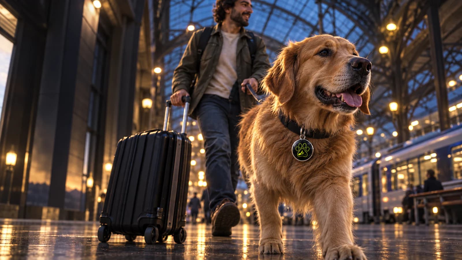 Una persona viaja en tren con su perro y una valija