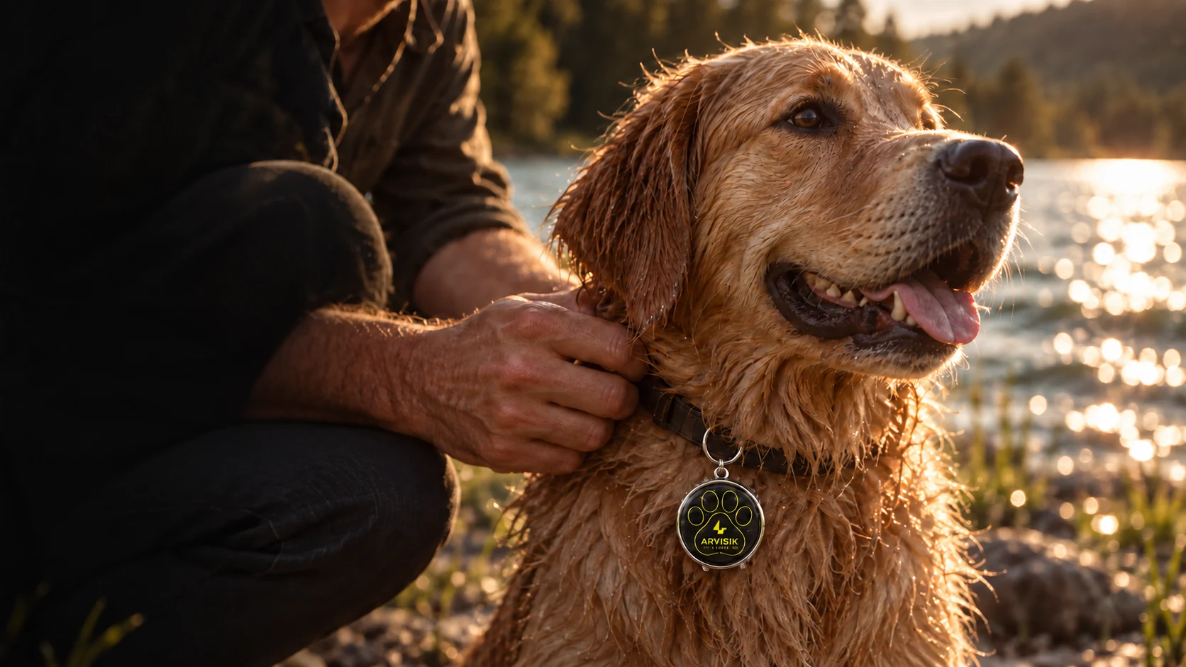 Una persona acaricia a un golden retriever mojado junto al lago; lleva una medallita Arvisik en el collar.