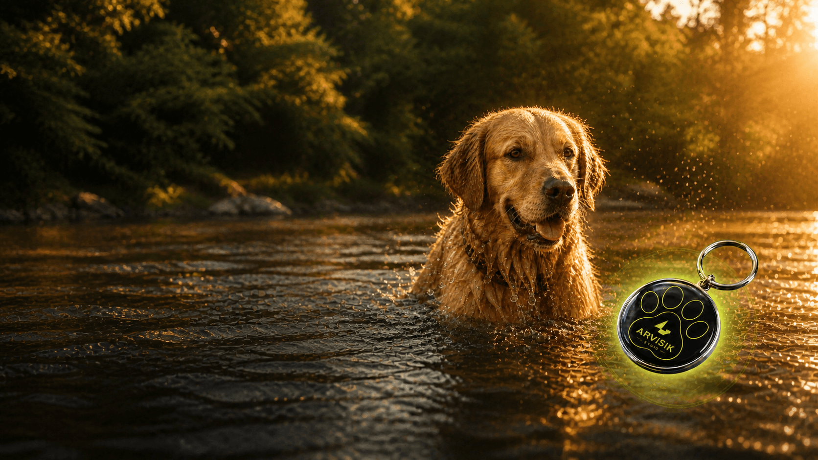 Perro en el agua junto a la medallita NFC Arvisik